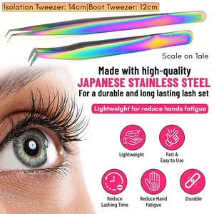 Rainbow Fiber Tip Lash Tweezers Boot Volume Eyelash & Isolation Tweezers Set (2pcs) - Cross Edge Corporation
