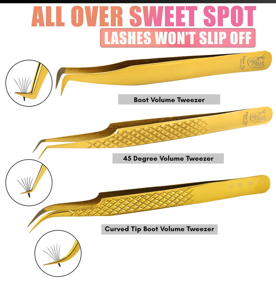 Gold Volume Boot Fiber Tip Lash Tweezers Set Curved Tweezers for Classics Set (3pcs) - Cross Edge Corporation