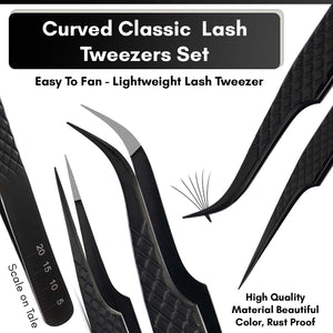 Fiber Tip Lash Tweezers Set Volume Boot Eyelash Extension Tweezers (Black, 4Pcs) - Cross Edge Corporation