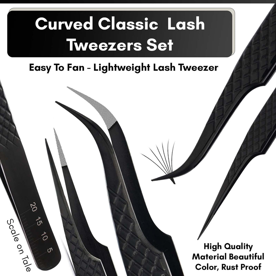 Black Fiber Tip Lash Tweezers Set Precision Boot Volume Eyelash Extensions Tweezers (5pcs) - Cross Edge Corporation