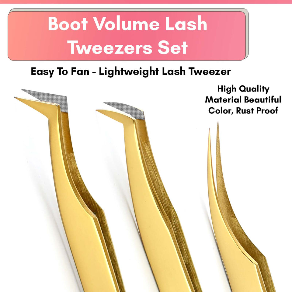 Gold Eyelash Extension Tweezers set Fiber Tip Lash Tweezers for Lash Extensions (3pcs) - Cross Edge Corporation