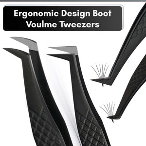 Fiber Tip Lash Tweezers Set Volume Boot Eyelash Extension Tweezers (Black, 4Pcs) - Cross Edge Corporation