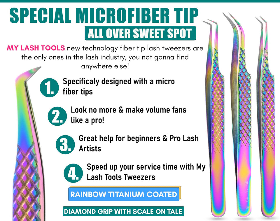 Rainbow Eyelash Extension Tweezers set Fiber Tip Lash Tweezers & Mini Scissor (6pcs) - Cross Edge Corporation