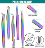 Rainbow Fiber Tip Lash Tweezers Eyelash Extension Tweezers for Lash Extensions (5pcs) - Cross Edge Corporation