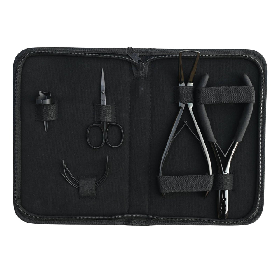 Hair Extension Tools Kit for Micro Bead Removal 2 Hole Crimper Black Rexine Case - Cross Edge Corporation
