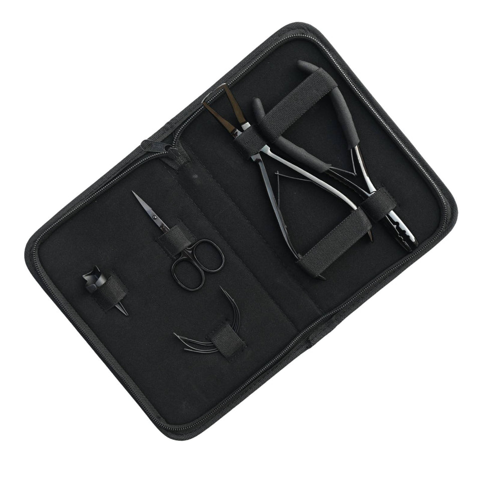 Hair Extension Tools Kit for Micro Bead Removal 2 Hole Crimper Black Rexine Case - Cross Edge Corporation