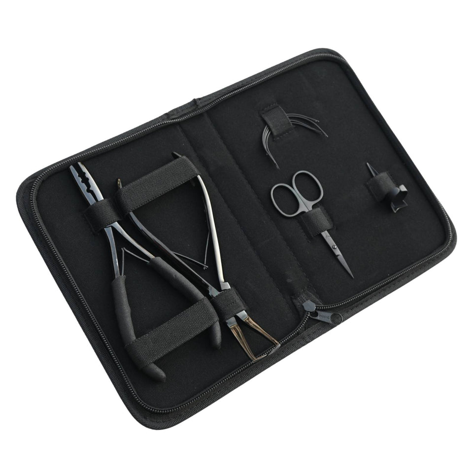 Hair Extension Tools Kit for Micro Bead Removal 2 Hole Crimper Black Rexine Case - Cross Edge Corporation
