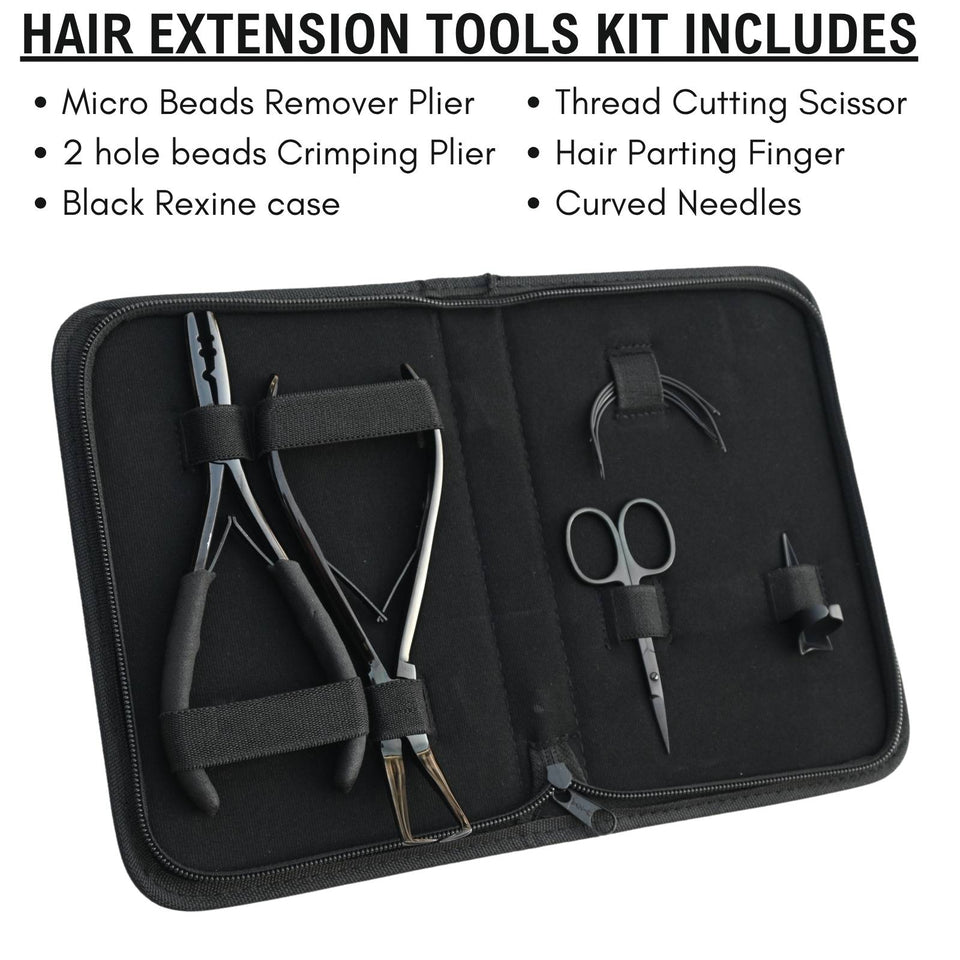 Hair Extension Tools Kit for Micro Bead Removal 2 Hole Crimper Black Rexine Case - Cross Edge Corporation
