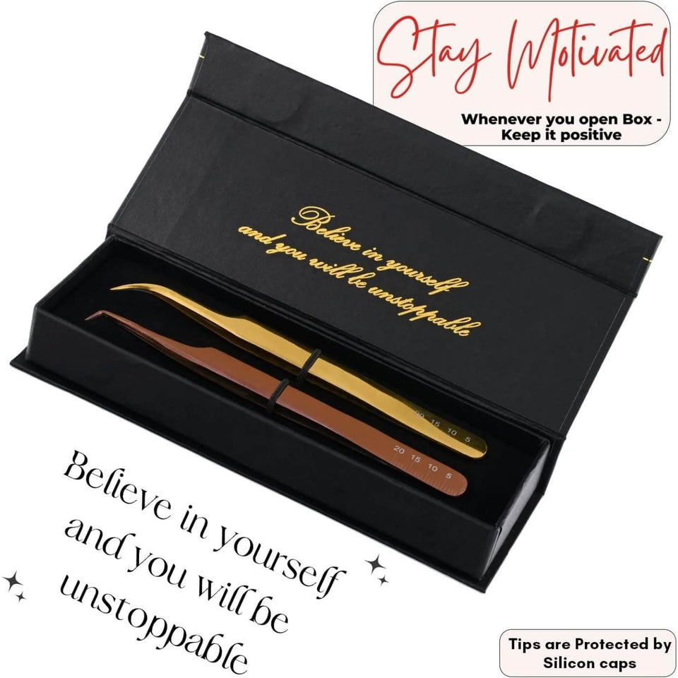 Eyelash Extensions Tweezers SET OF 2 Mini Isolation & Microgrip Tip Curved Volume Tweezers 