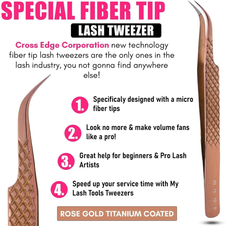 Rose Gold Fiber Tip Lash Tweezers Micro Grip Tip Curved Volume set - Cross Edge Corporation
