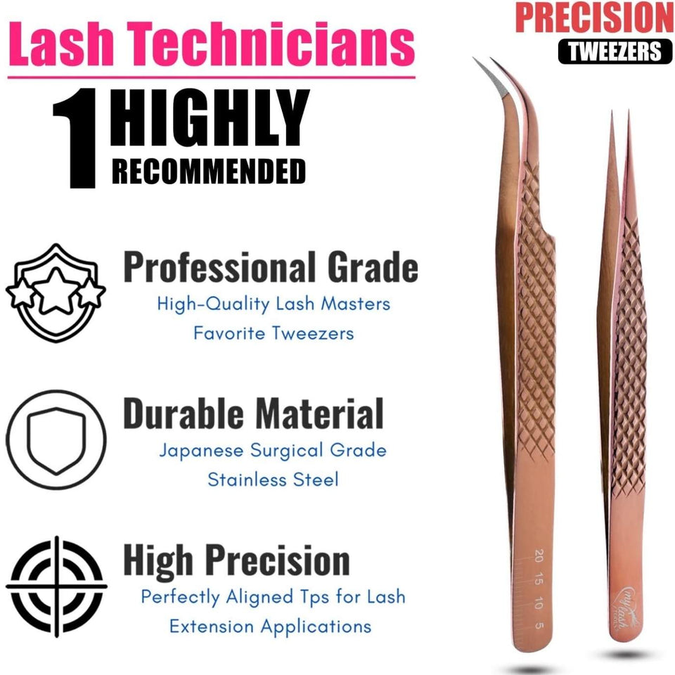 Rose Gold Fiber Tip Lash Tweezers Micro Grip Tip Curved Volume set - Cross Edge Corporation