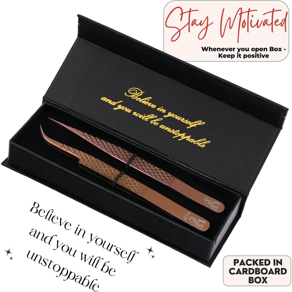 Rose Gold Fiber Tip Lash Tweezers Micro Grip Tip Curved Volume set - Cross Edge Corporation