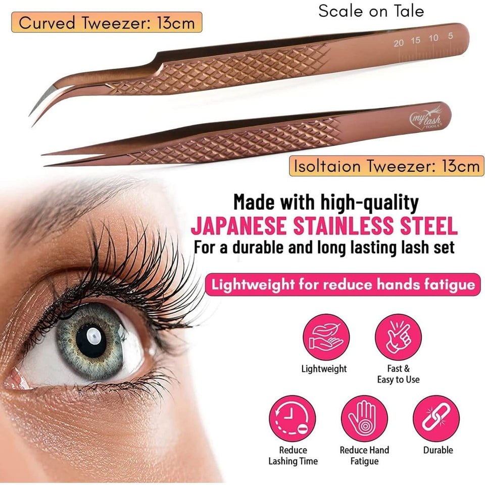 Rose Gold Fiber Tip Lash Tweezers Micro Grip Tip Curved Volume set - Cross Edge Corporation