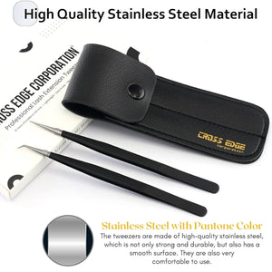 Black Fiber Tip Eyelash straight and curve tips Tweezers set - Cross Edge Corporation