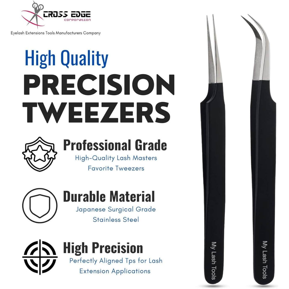 Black Fiber Tip Eyelash straight and 45-degree curve tips Tweezers set - Cross Edge Corporation