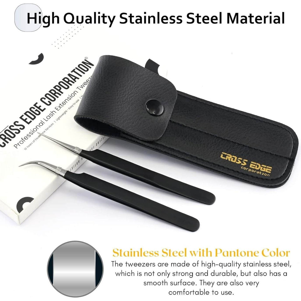 Black Fiber Tip Eyelash straight and 45-degree curve tips Tweezers set - Cross Edge Corporation