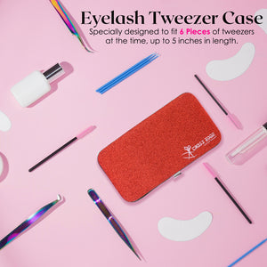 Red Magnetic 6 Pieces Eyelash Tweezers Organizer Case