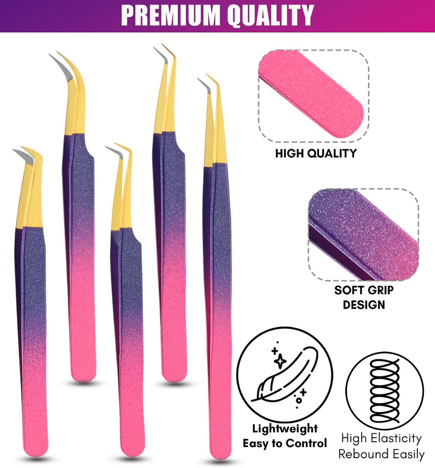 Beautiful Fiber Tip Lash Tweezers Eyelash Extension Tweezers for Lash Fiber Grip Tweezers (5pcs) - Cross Edge Corporation