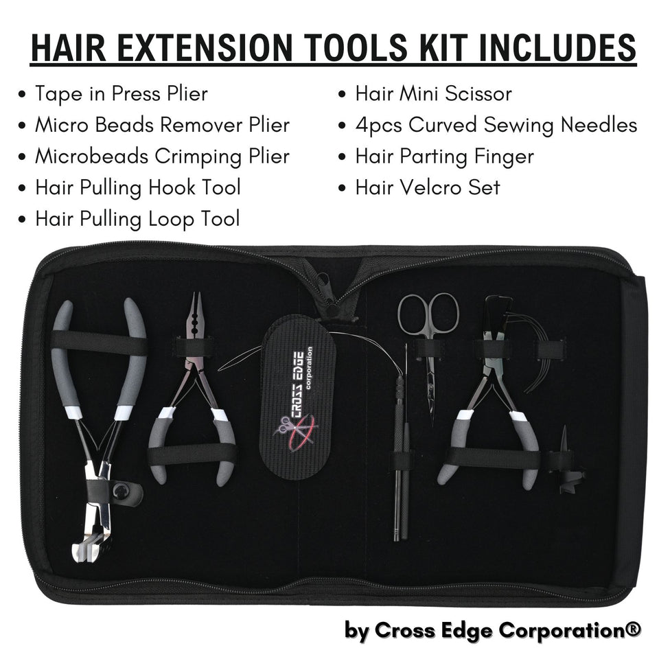 Hair Extension Tool Kit with Tape Press Plier, Pulling Hook Loop Tools - Cross Edge Corporation