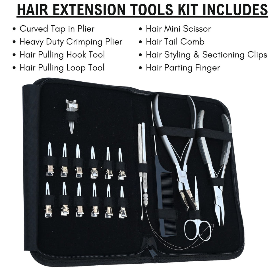Heavy Duty Hair Extension Tool Kit with Curved Tape In Plier, Crimping Applicator - Cross Edge Corporation