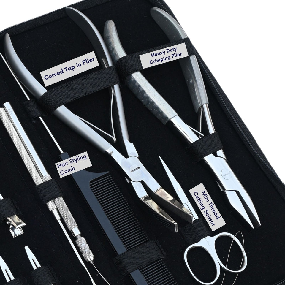 Heavy Duty Hair Extension Tool Kit with Curved Tape In Plier, Crimping Applicator - Cross Edge Corporation
