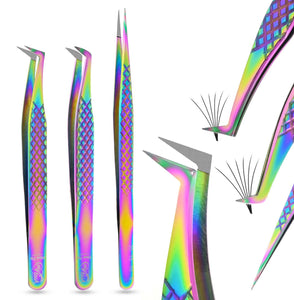 Rainbow Fiber Tip Lash Tweezers Volume Isolation Eyelash Tweezers Set (3pcs) - Cross Edge Corporation