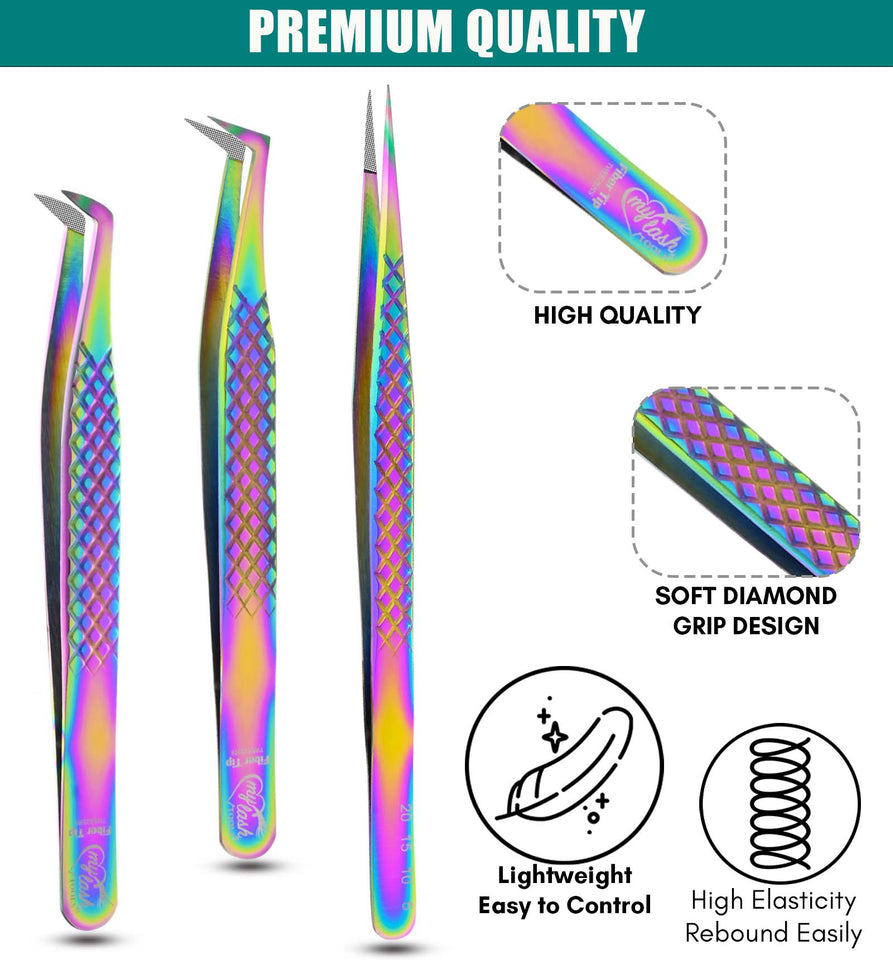 Rainbow Fiber Tip Lash Tweezers Volume Isolation Eyelash Tweezers Set (3pcs) - Cross Edge Corporation