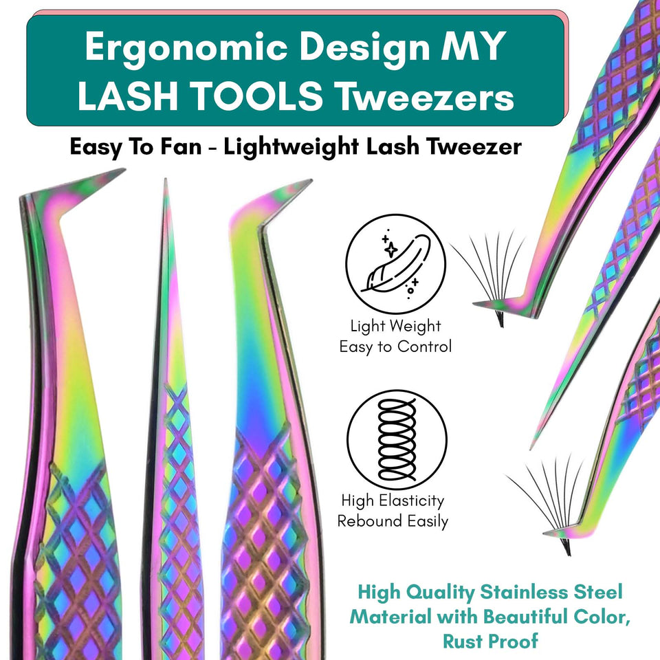 Rainbow Fiber Tip Lash Tweezers Volume Isolation Eyelash Tweezers Set (3pcs) - Cross Edge Corporation