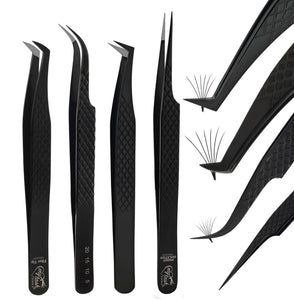 Fiber Tip Lash Tweezers Set Volume Boot Eyelash Extension Tweezers (Black, 4Pcs) - Cross Edge Corporation