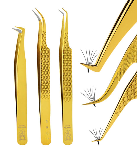 Gold Volume Boot Fiber Tip Lash Tweezers Set Curved Tweezers for Classics Set (3pcs)