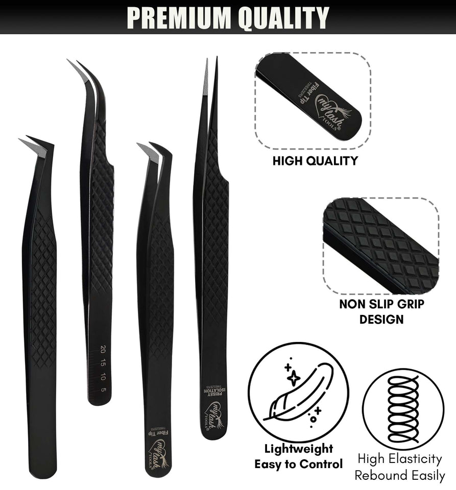 Fiber Tip Lash Tweezers Set Volume Boot Eyelash Extension Tweezers (Black, 4Pcs) - Cross Edge Corporation