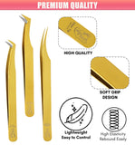 Gold Eyelash Extension Tweezers set Fiber Tip Lash Tweezers for Lash Extensions (3pcs) - Cross Edge Corporation