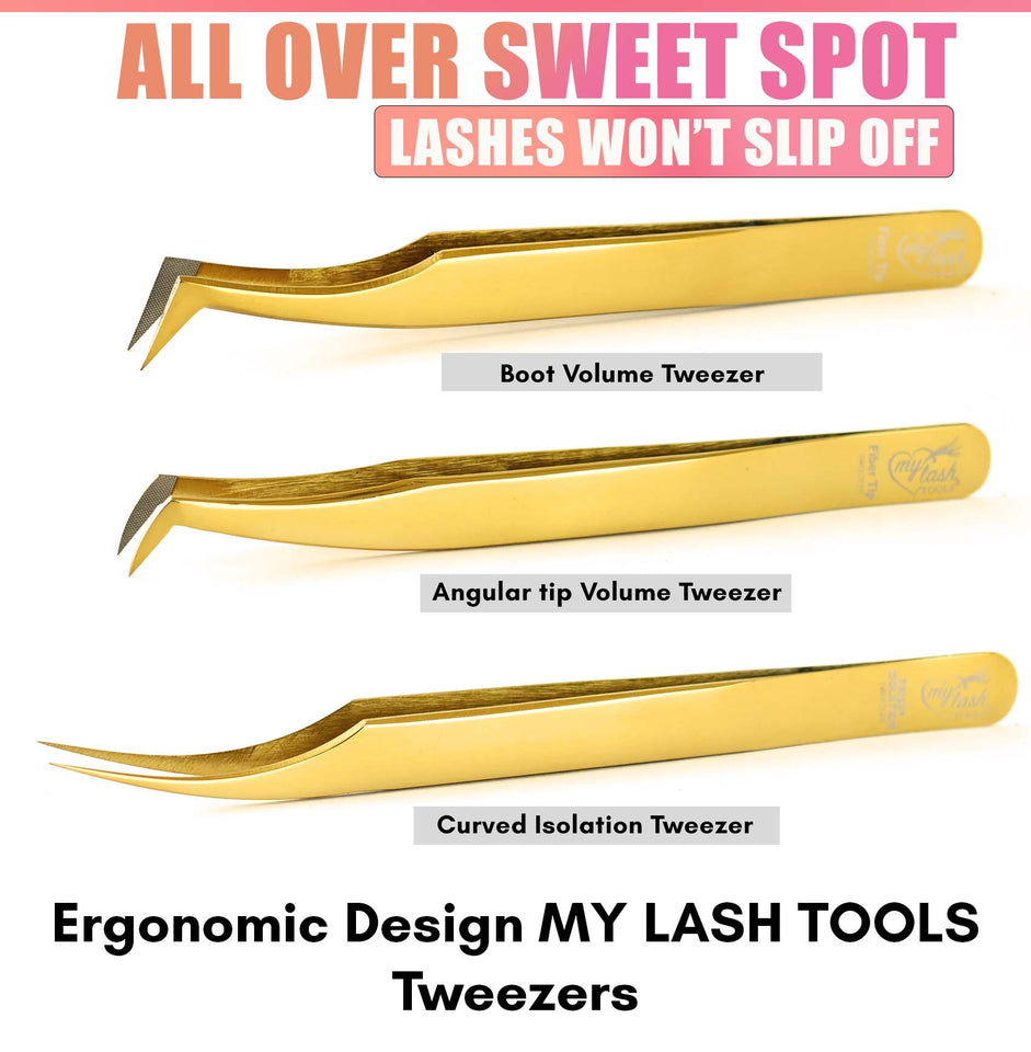 Gold Eyelash Extension Tweezers set Fiber Tip Lash Tweezers for Lash Extensions (3pcs)