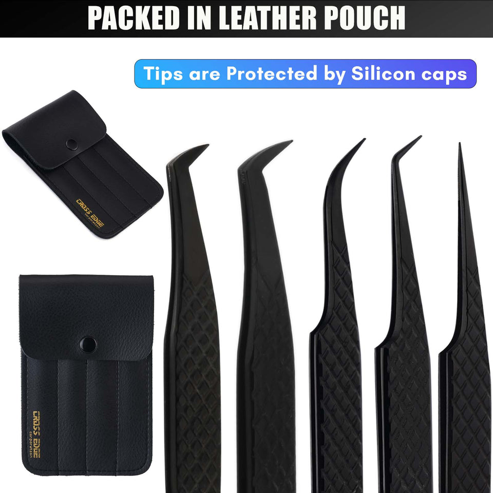 Black Fiber Tip Lash Tweezers Set Precision Boot Volume Eyelash Extensions Tweezers (5pcs) - Cross Edge Corporation