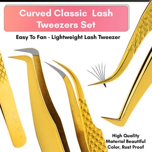 Gold Volume Boot Fiber Tip Lash Tweezers Set Curved Tweezers for Classics Set (3pcs)