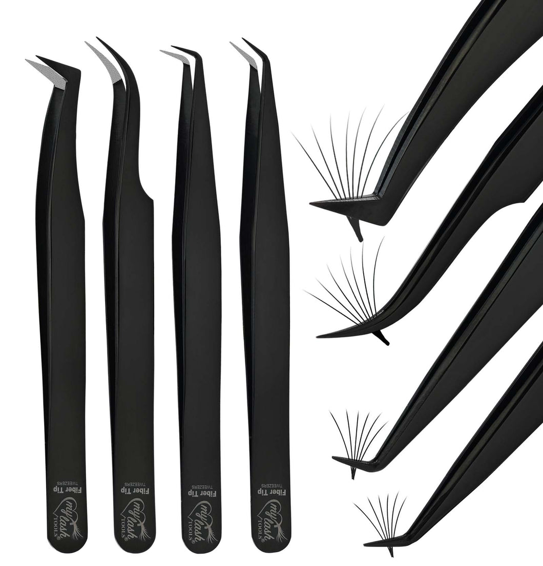 Eyelash Extension Tweezers Fiber Tip Lash Tweezers Volume Boot Tweezers (Black, 4Pcs) - Cross Edge Corporation