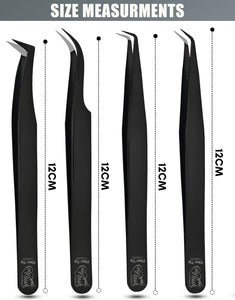 Eyelash Extension Tweezers Fiber Tip Lash Tweezers Volume Boot Tweezers (Black, 4Pcs) - Cross Edge Corporation