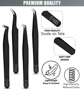 Eyelash Extension Tweezers Fiber Tip Lash Tweezers Volume Boot Tweezers (Black, 4Pcs) - Cross Edge Corporation