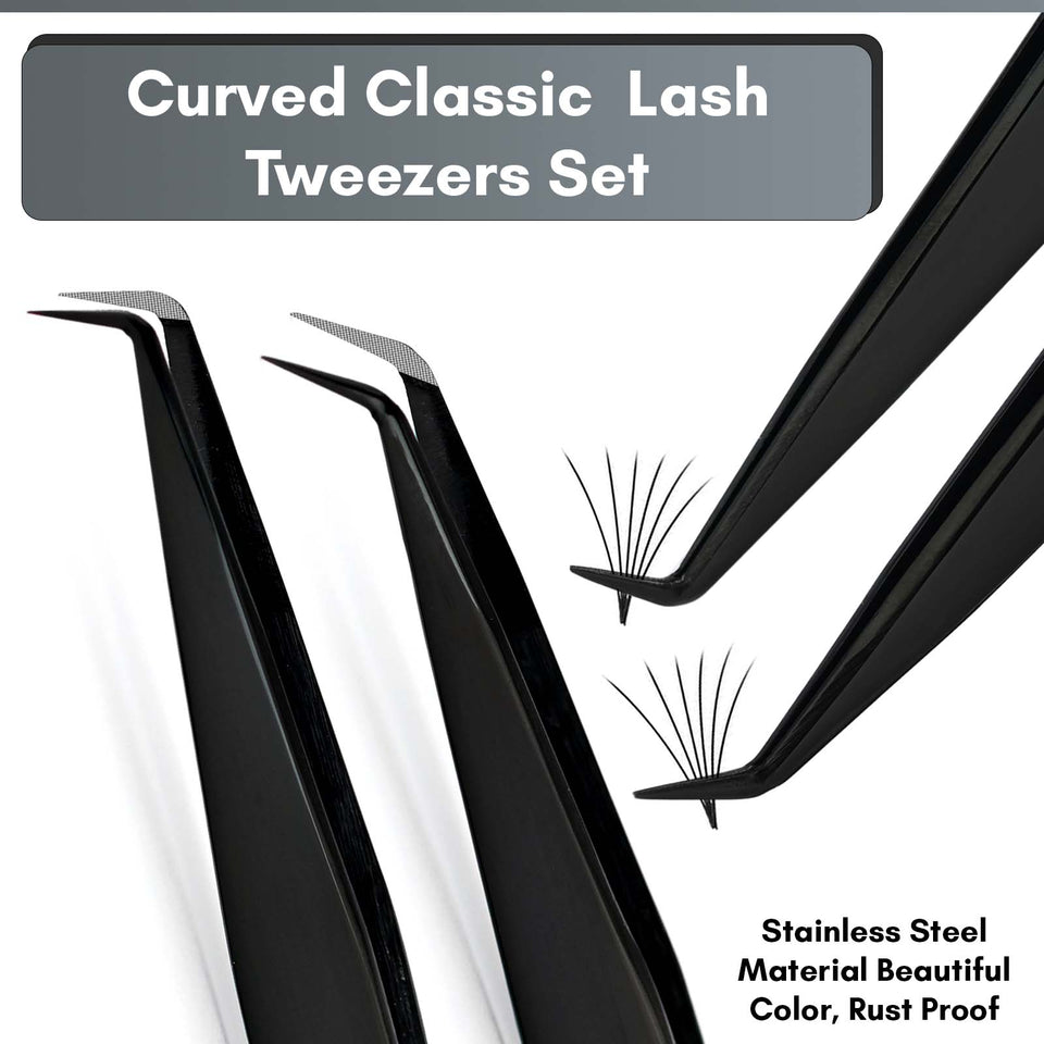 Eyelash Extension Tweezers Fiber Tip Lash Tweezers Volume Boot Tweezers (Black, 4Pcs)