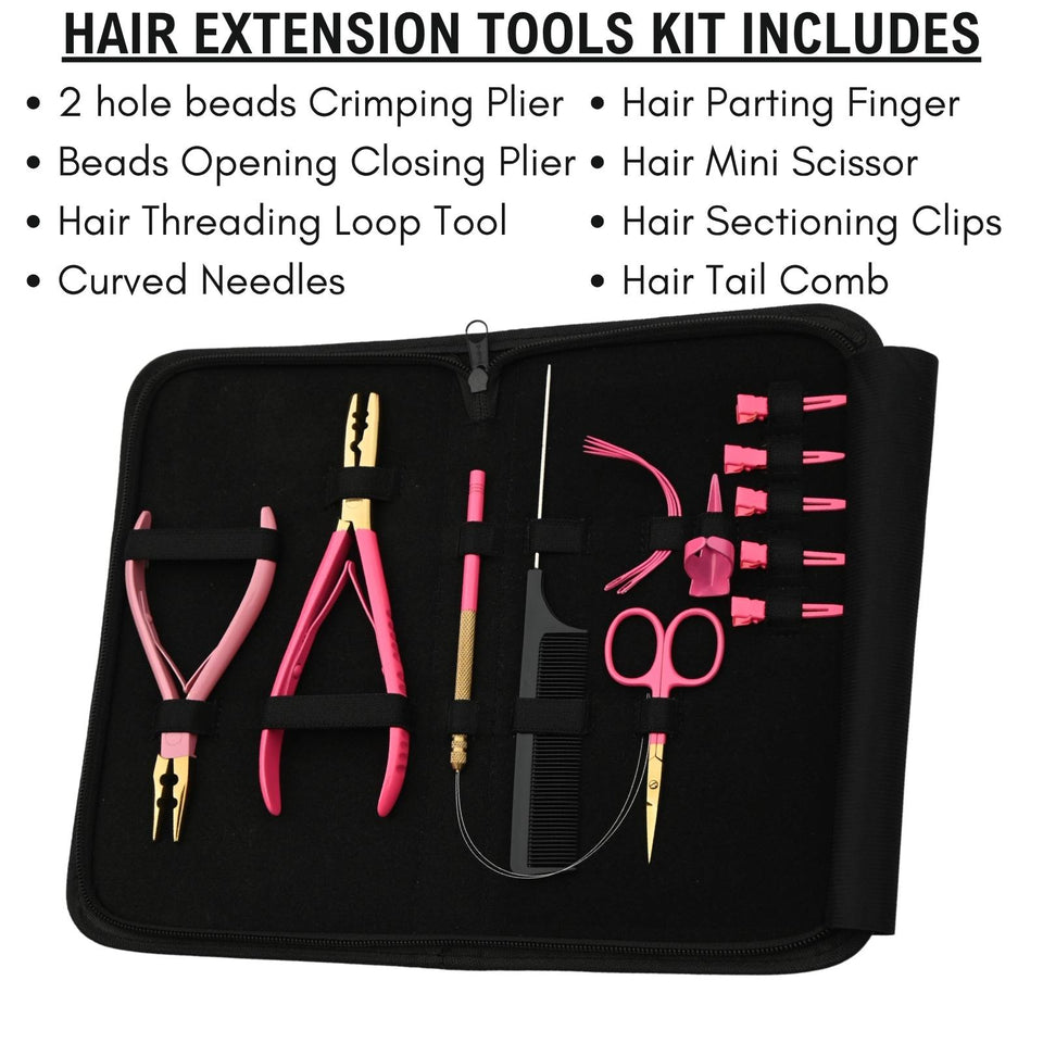 Pink Gold Hair Extension Tool Kit with 2 Hole Crimping & Bead Opening Pliers - Cross Edge Corporation