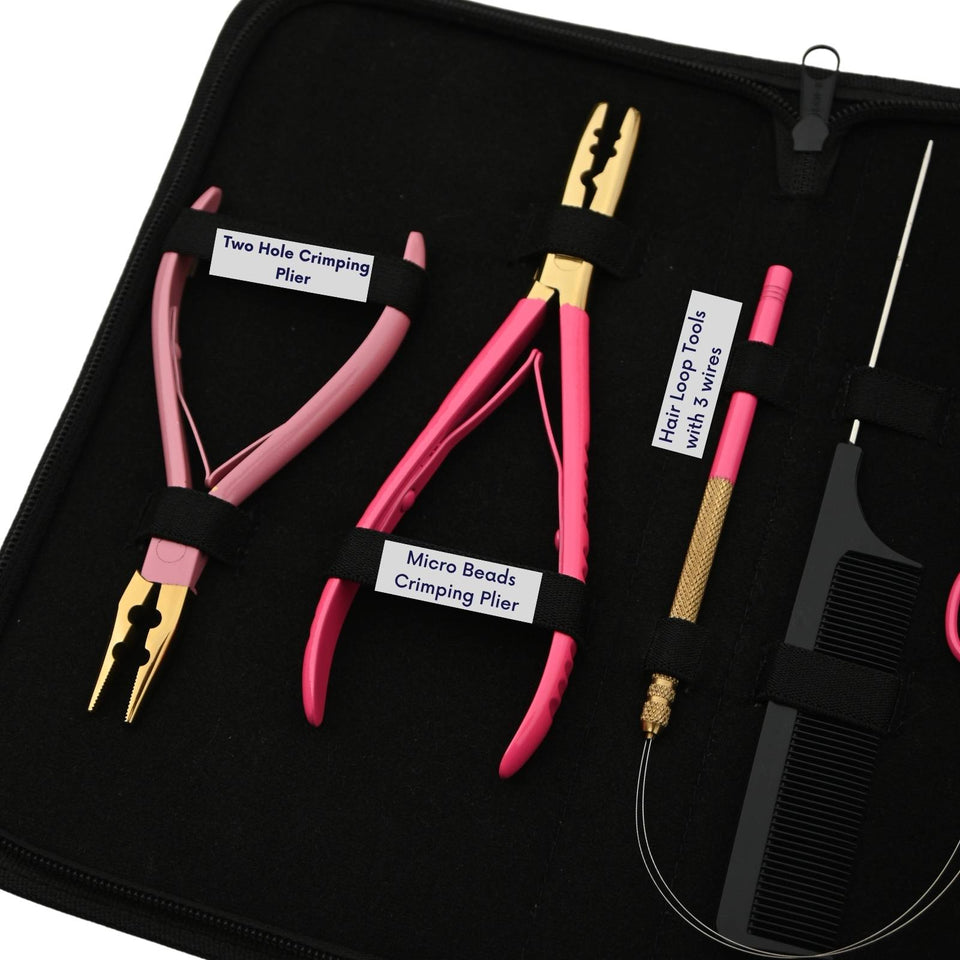 Pink Gold Hair Extension Tool Kit with 2 Hole Crimping & Bead Opening Pliers - Cross Edge Corporation