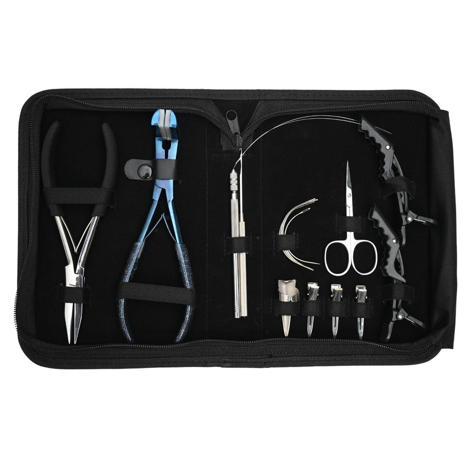 Deluxe Tape-In Hair Extension Kit with Flat Crimping Plier, Loop Tool & Styling Clips - Cross Edge Corporation