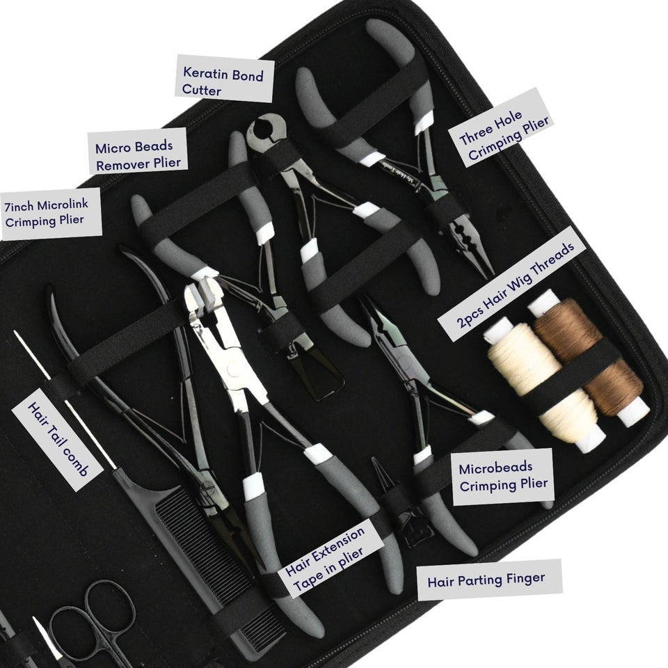 Pro Hair Extension Mega Kit with 7 Inch Micro link Pliers, Tape Tool & Bead Accessories - Cross Edge Corporation