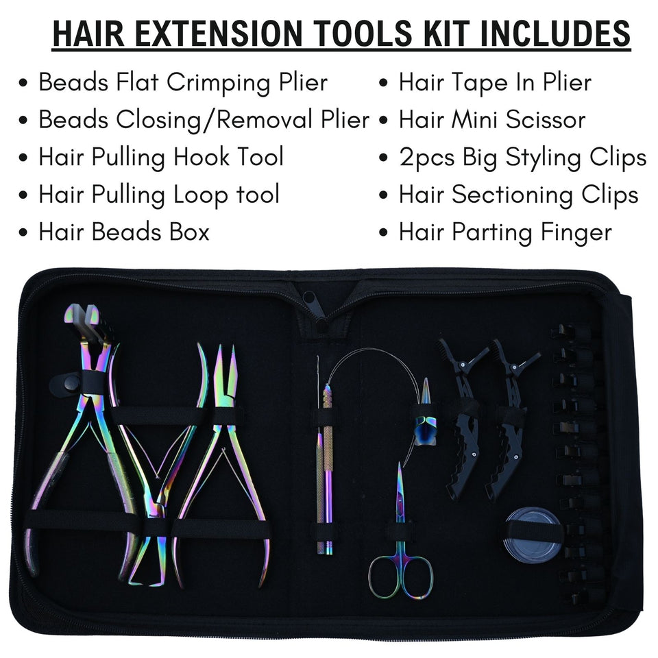 Hair Extension Kit with Flat Crimping Pliers, Tape In Tool & Beads Storage Box - Cross Edge Corporation