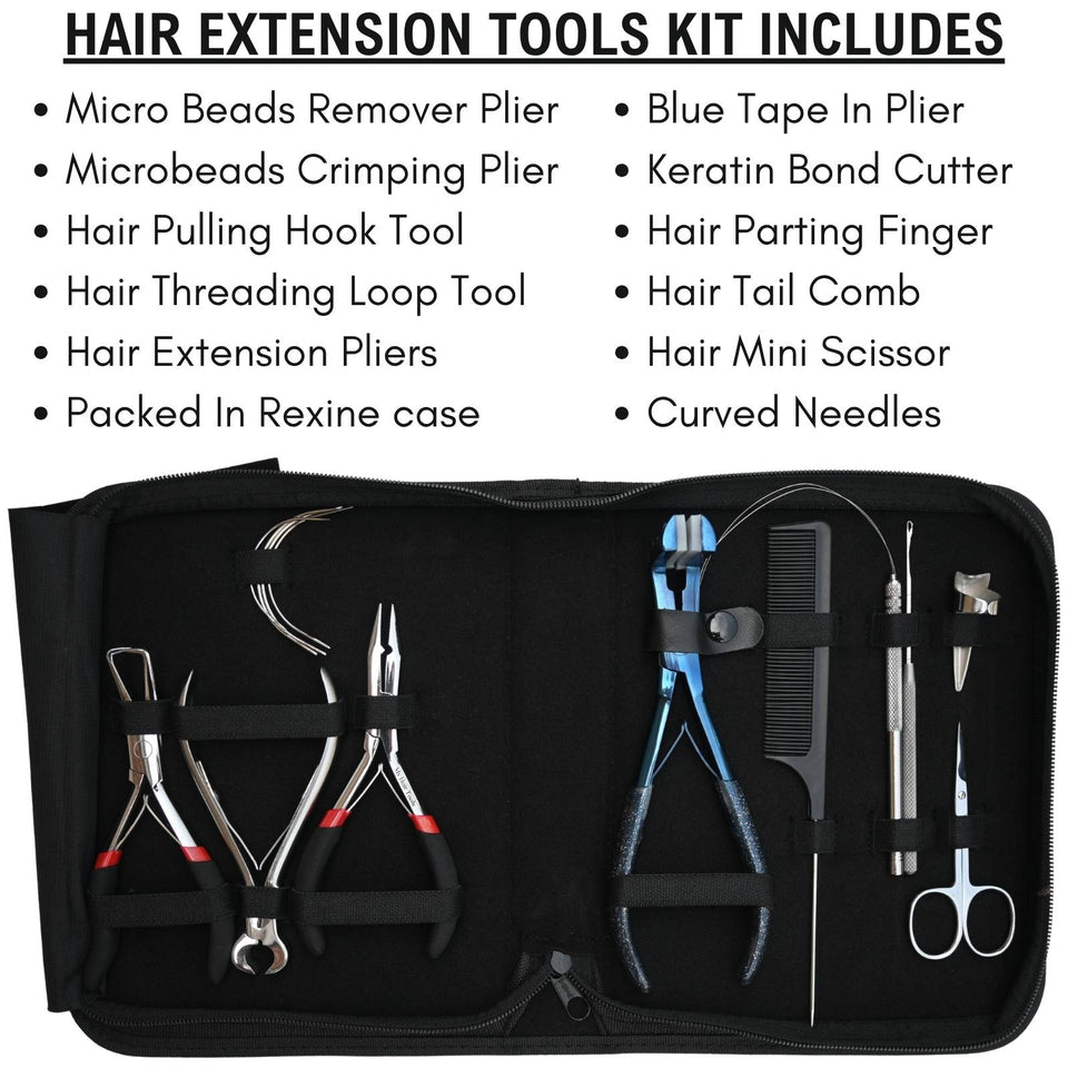 Blue Hair Extension Tool Kit with Tape In Plier, Bond Cutter, Tail Comb & Mini Scissor - Cross Edge Corporation