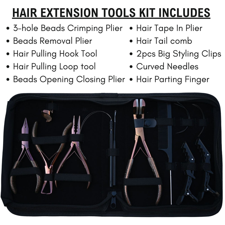 Expert Hair Extension Tool Kit with 3 Hole Crimping Pliers, Tape In Tool & Bead Opener - Cross Edge Corporation