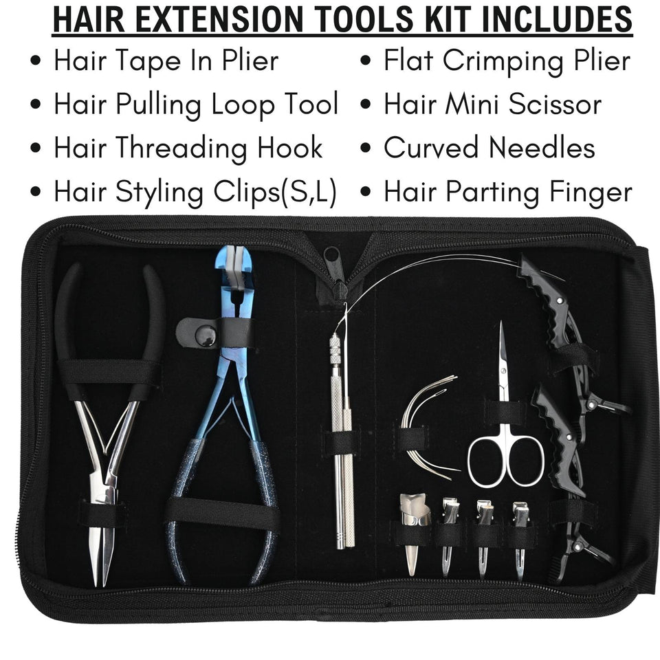 Deluxe Tape-In Hair Extension Kit with Flat Crimping Plier, Loop Tool & Styling Clips - Cross Edge Corporation