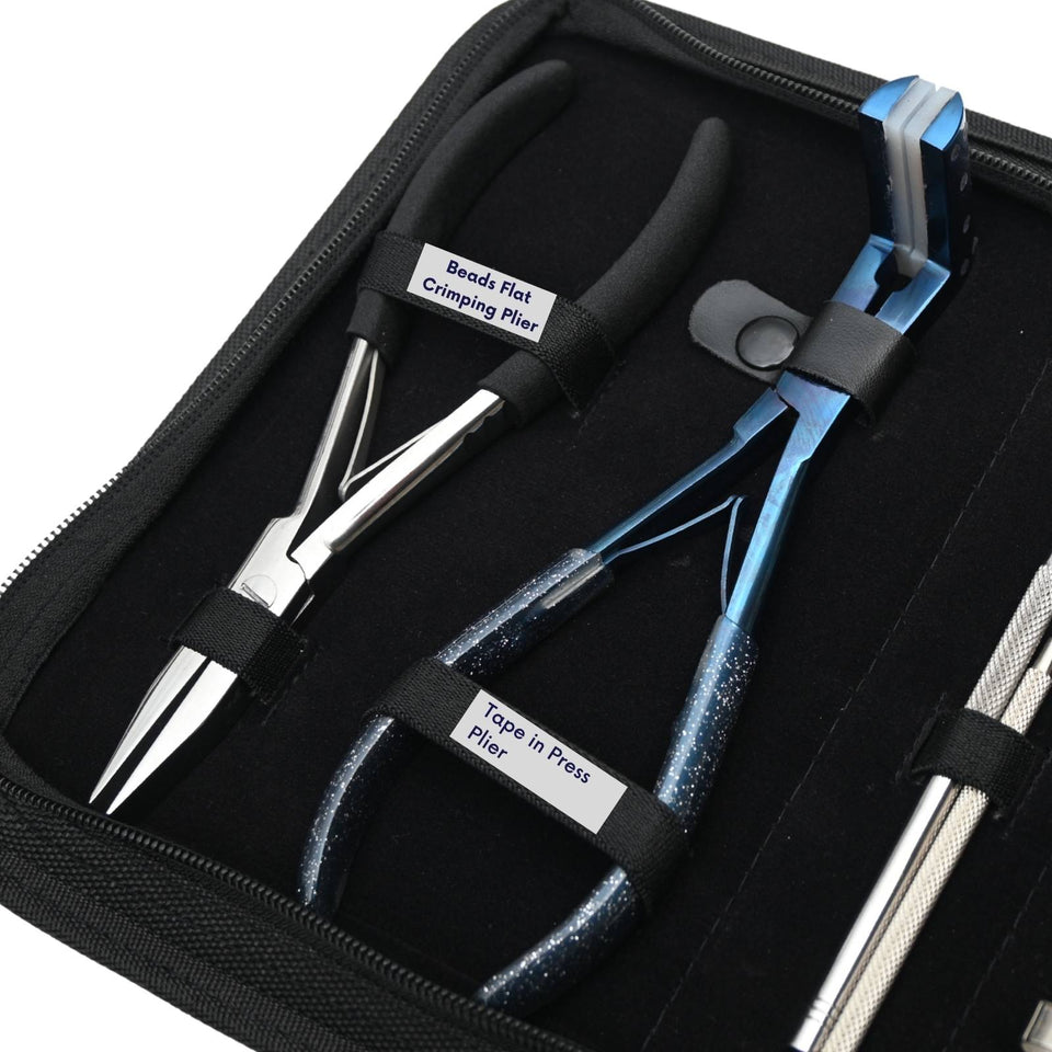 Deluxe Tape-In Hair Extension Kit with Flat Crimping Plier, Loop Tool & Styling Clips - Cross Edge Corporation