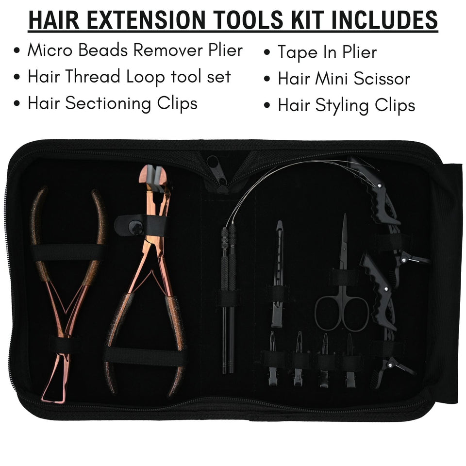 Essential Tape-In Hair Extension Kit with Thread Loop Tools, Styling Clips & Remover Plier - Cross Edge Corporation