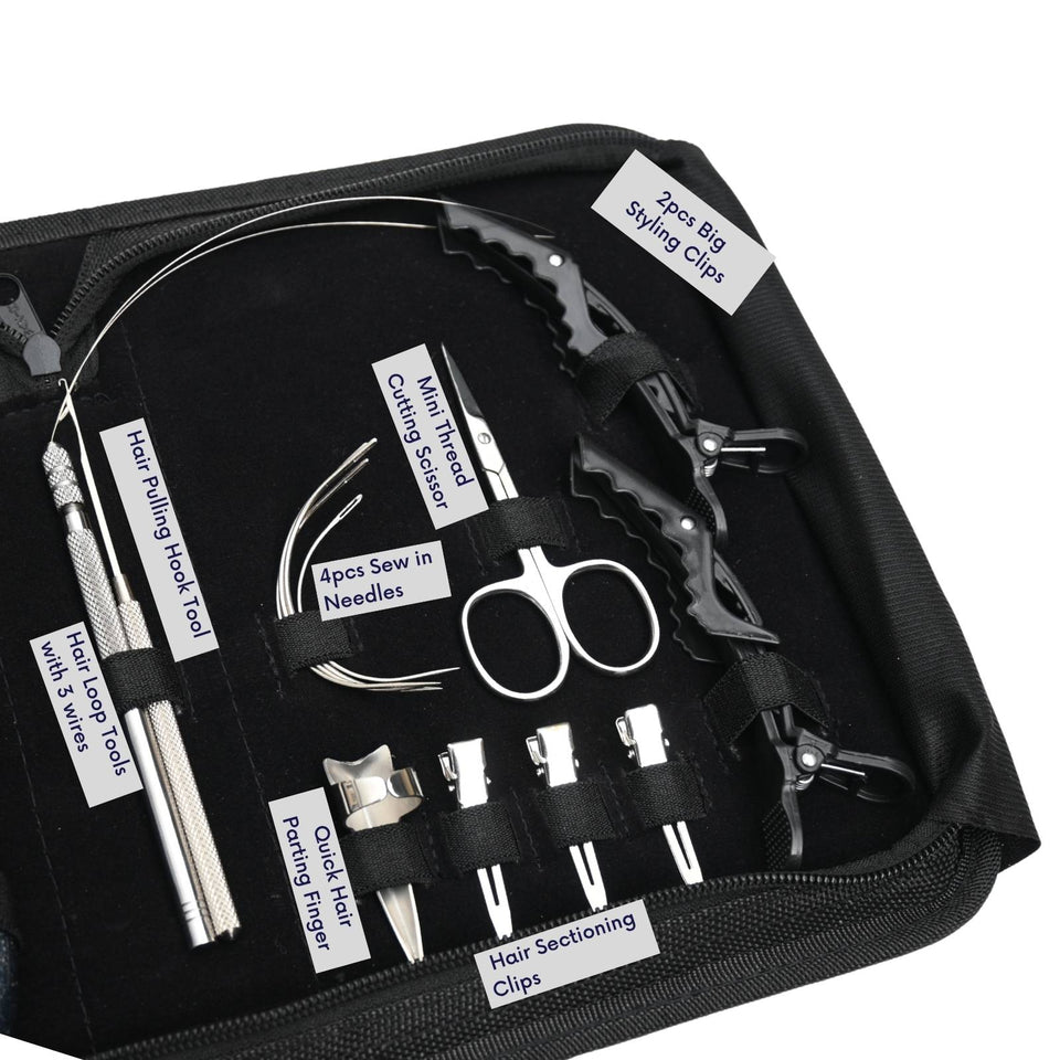 Deluxe Tape-In Hair Extension Kit with Flat Crimping Plier, Loop Tool & Styling Clips - Cross Edge Corporation